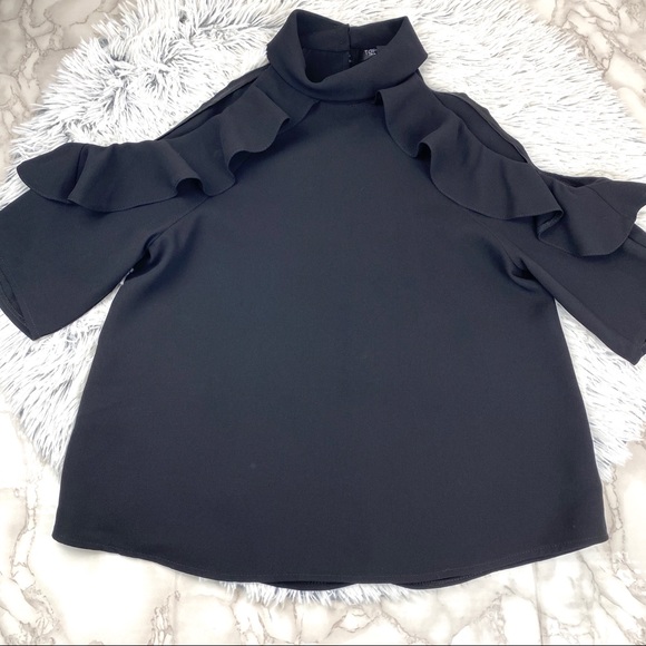 Topshop Black Ruffle Cold Shoulder Blouse EUC - Picture 2 of 12
